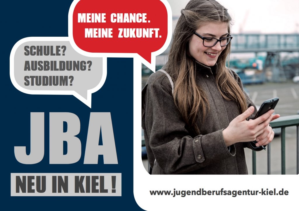 Postkarte JBA mit Webadresse www.jugendberufsagentur-kiel.de